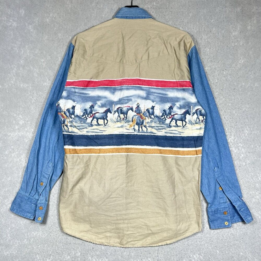VTG Roper Western Border Rodeo Print Shirt Men’s Large Cowboy Rodeo Ranch Horses - Picture 9 of 14